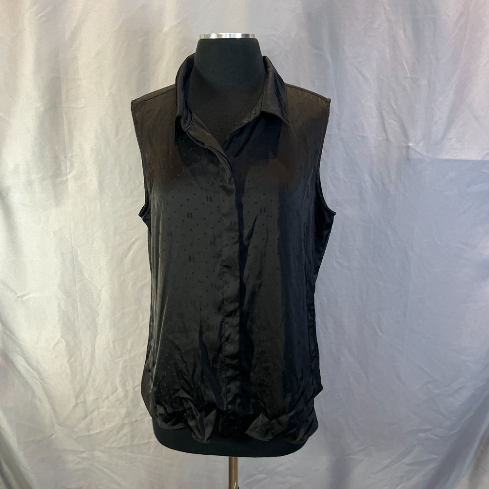 Karl Lagerfeld Paris Blouse Top Womens Large Black Polka Dot Sleeveless Collared